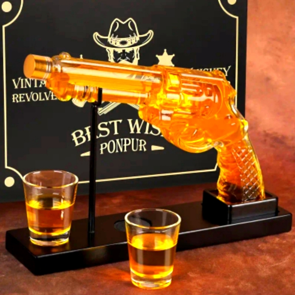 Glass Revolver Decanter Set With 2 Shot Glasses And Stand